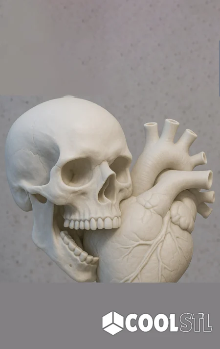 Skull and Heart – White Sculpture STL | Symbolic 3D Printable Art Piece